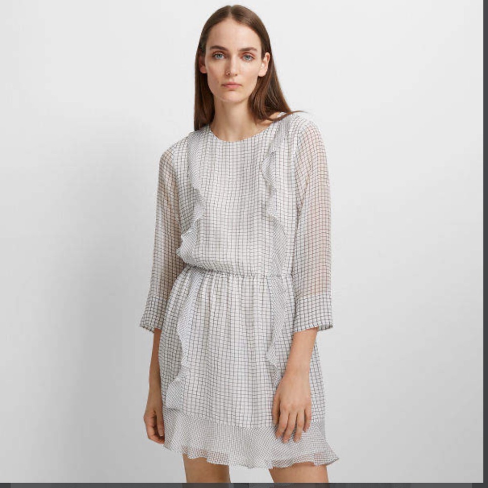 𝅺BNWT Silk Club Monaco Caluh 3/4 Sleeve Silk Ruffle geometric Dress Size 4